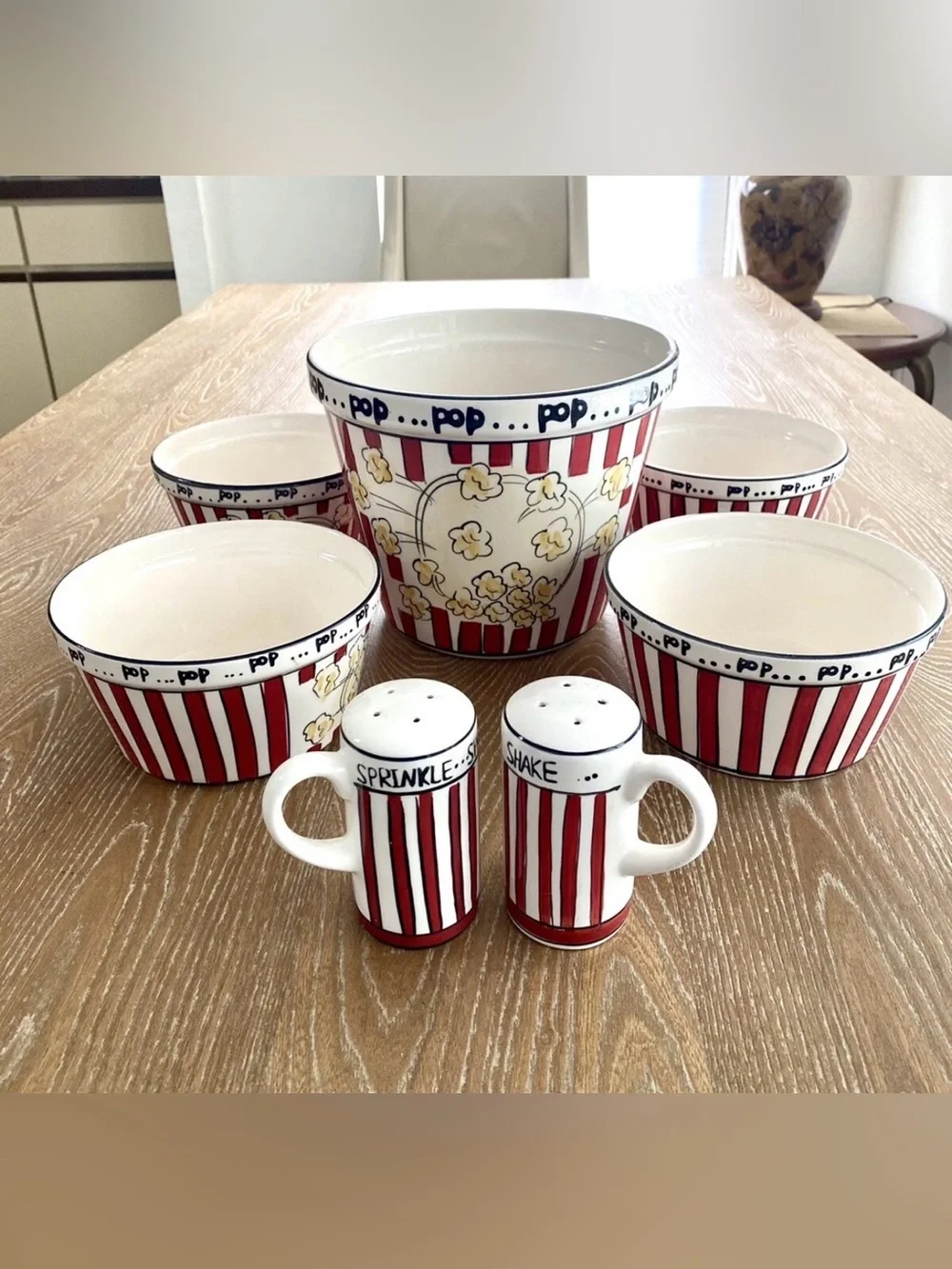 Ceramic 7 Piece Popcorn Family Set - Tub, Bowls, Salt Shakers Kitchen Prep 101